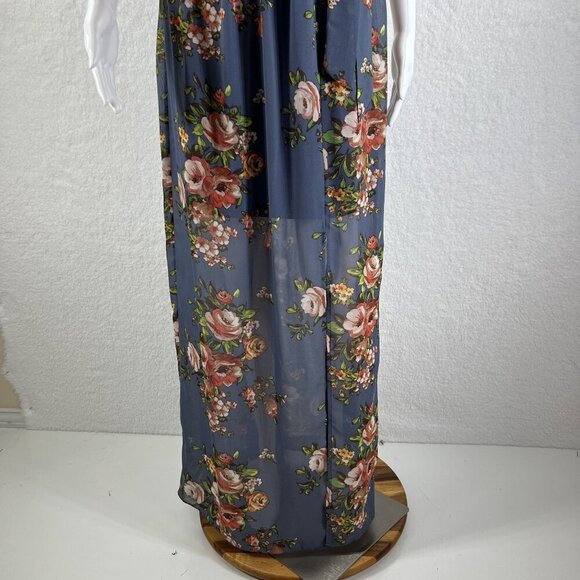 BCX NWT Womens M  Floral Blue Halter Maxi Slit Pleated Dress Belt Sheer Overlay - Picture 11 of 16